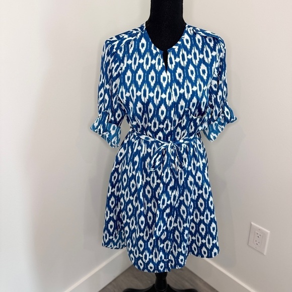 Anthropologie Maeve Ikat Belted Button Up Blue and White Dress (S) - Picture 2 of 9